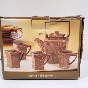 Pier 1 Stoneware Canyon Tea Set Teapot 4 Cups New in Box Brown Square Abstract